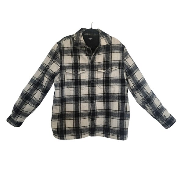 Express Womens Wool Blend Plaid Jacket Shacket Black/White L Button Front - Picture 1 of 8